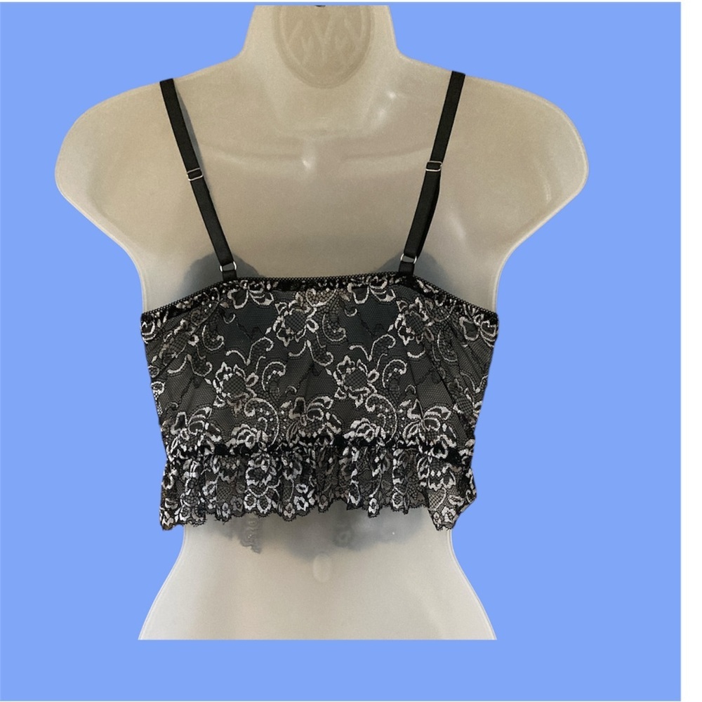 Embroidered Black & Silver Lace Pleated Corset Tank Top Size:M EUC - Picture 5 of 9